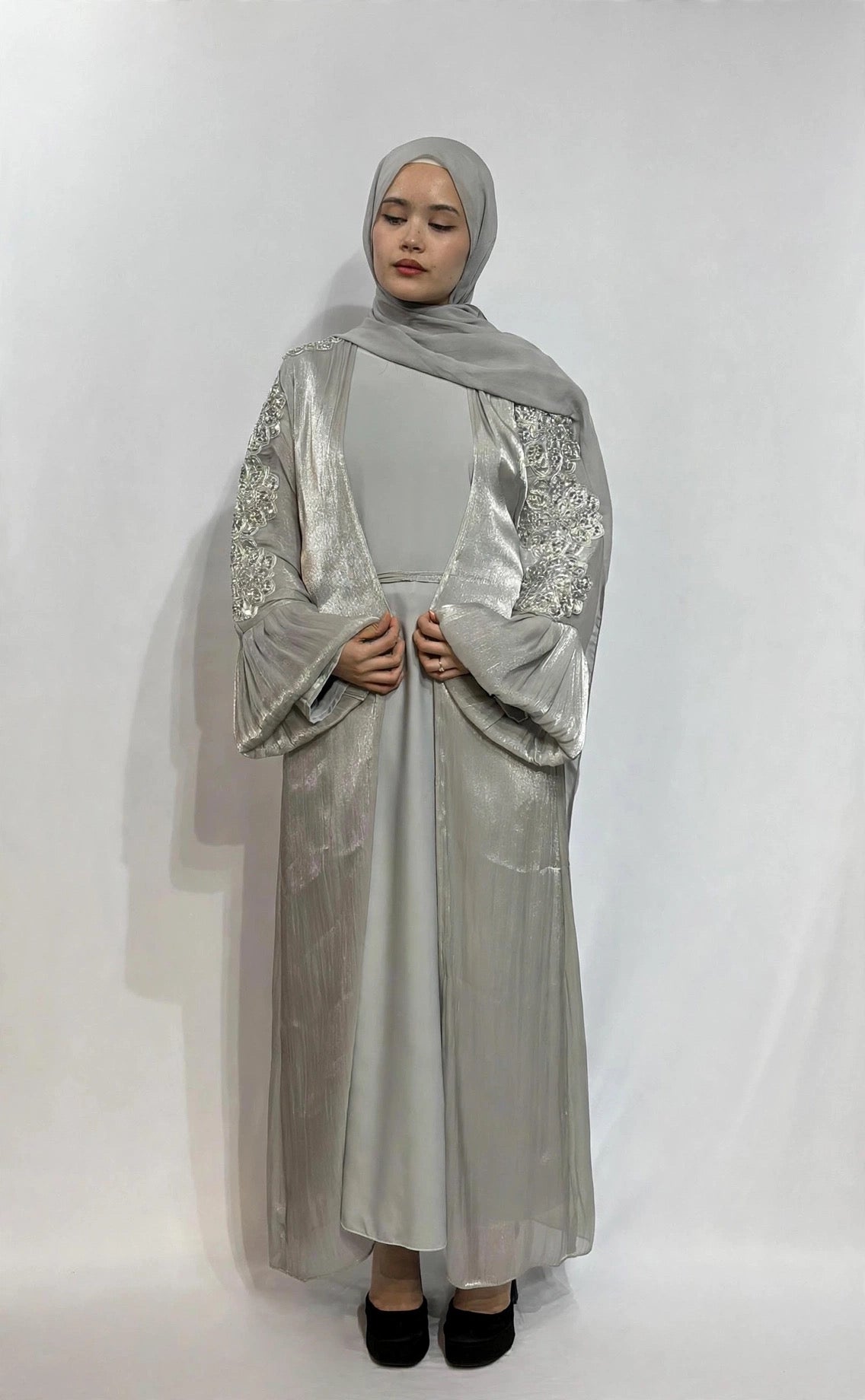 Qamar Al Ward Crystal-Embellished Bell Sleeve Abaya