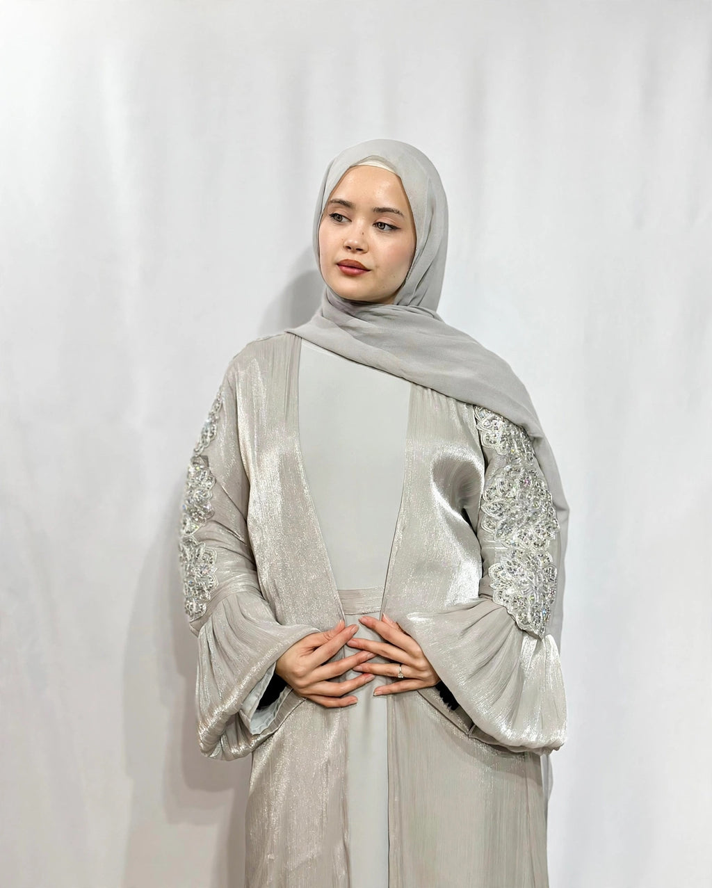 Qamar Al Ward Crystal-Embellished Bell Sleeve Abaya