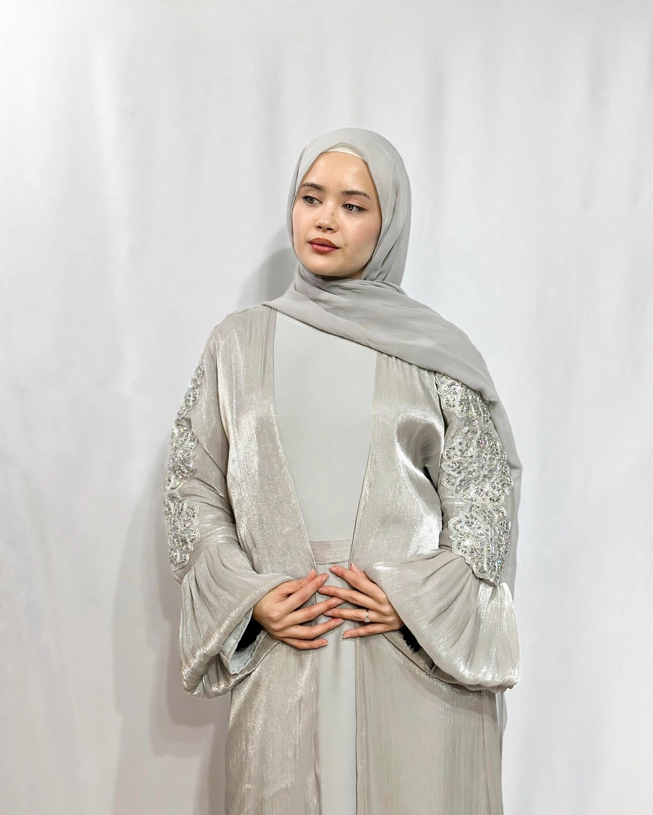 Qamar Al Ward Crystal-Embellished Bell Sleeve Abaya