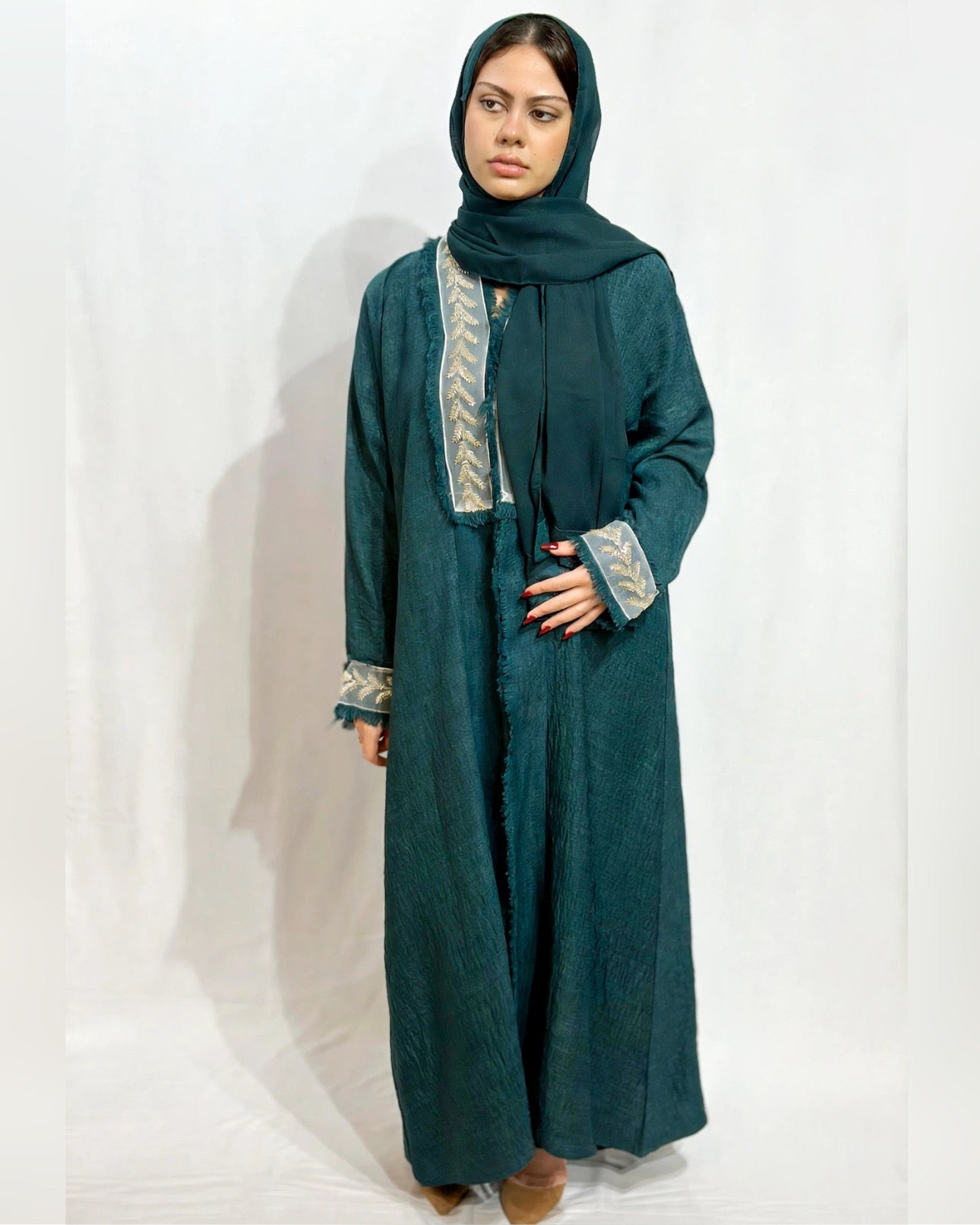 Fringe-Trim Embroidered Abaya