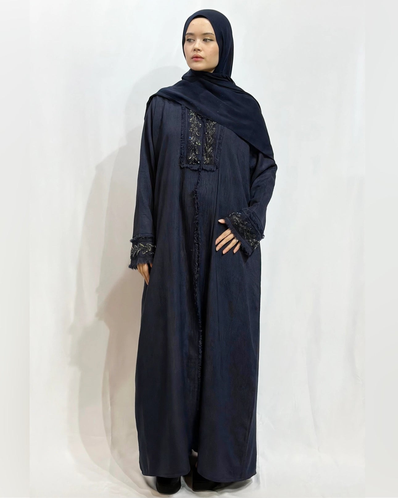 Fringe-Trim Embroidered Abaya
