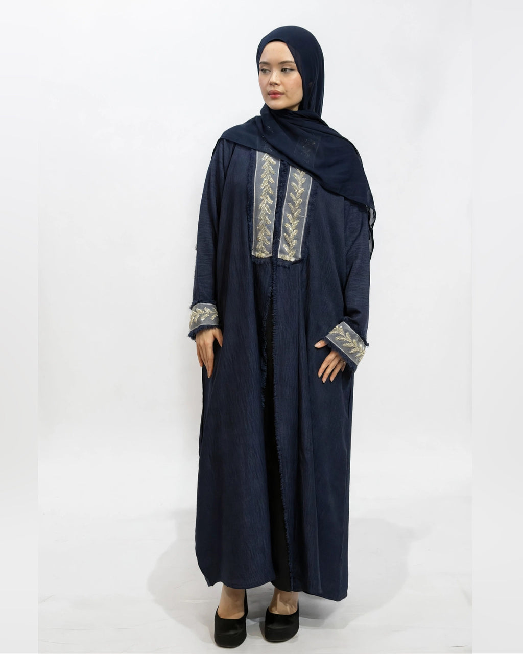 Fringe-Trim Embroidered Abaya