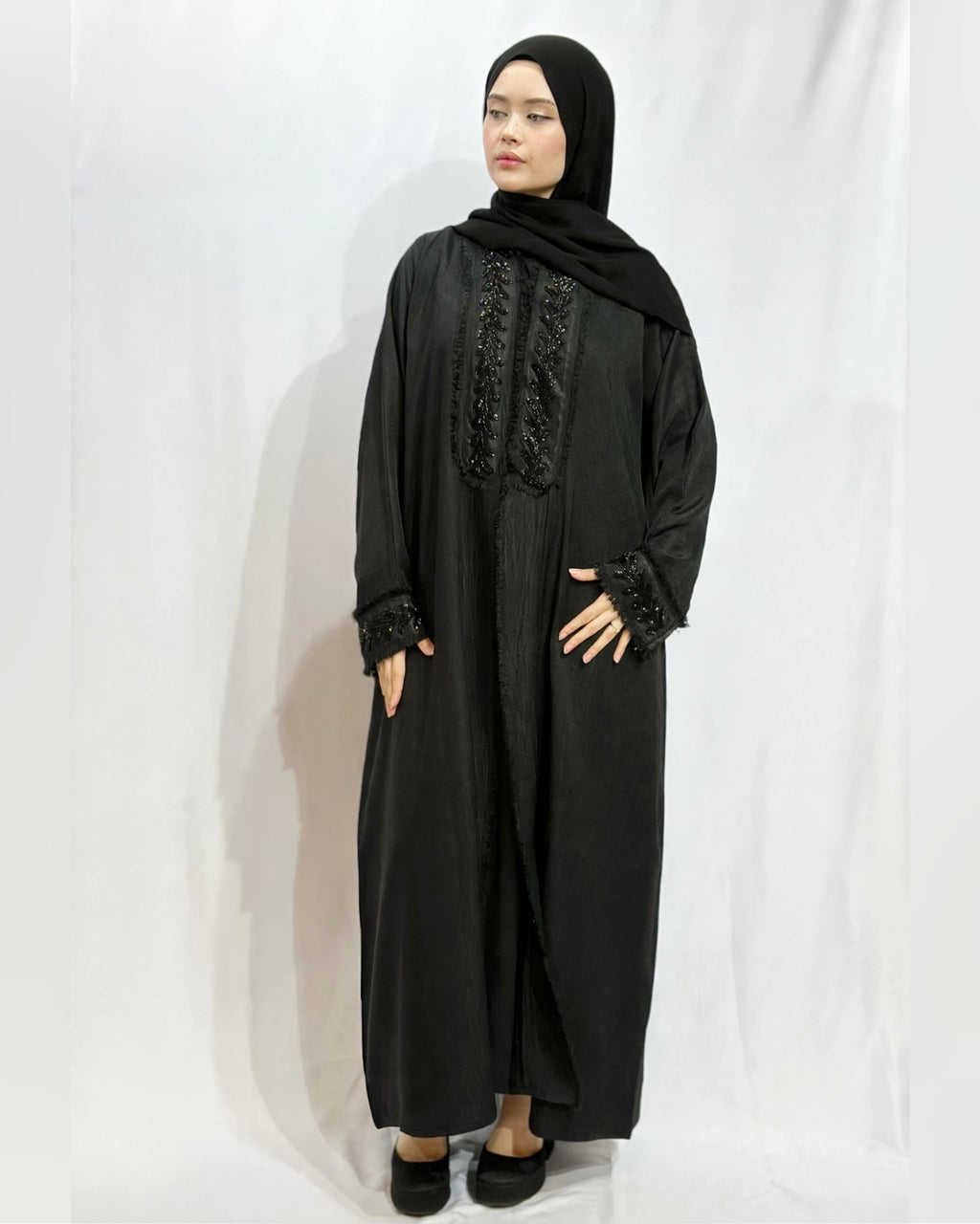Fringe-Trim Embroidered Abaya