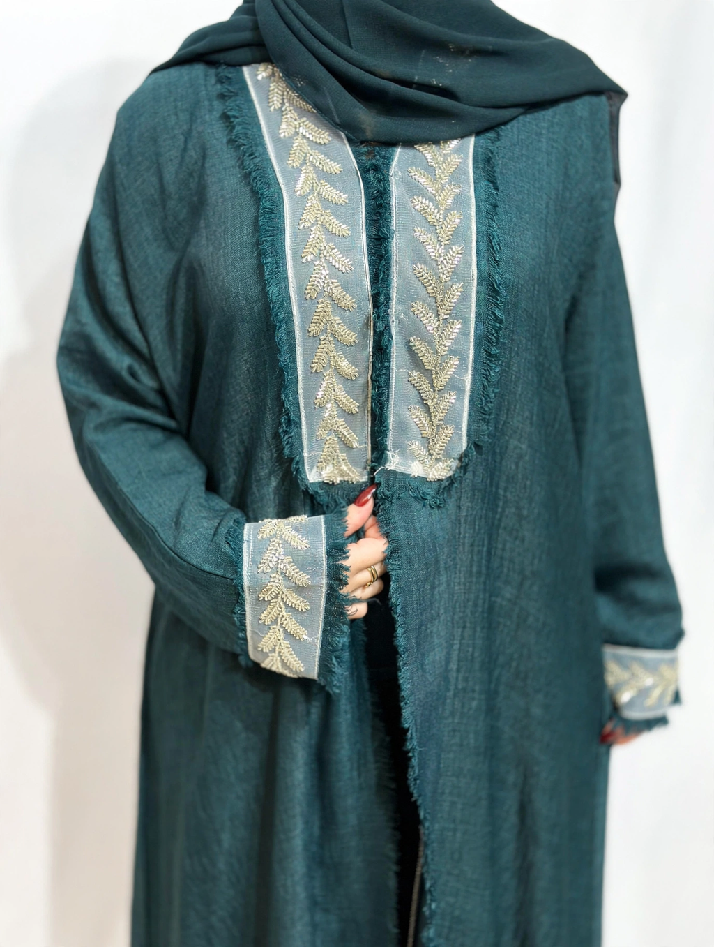 Fringe-Trim Embroidered Abaya