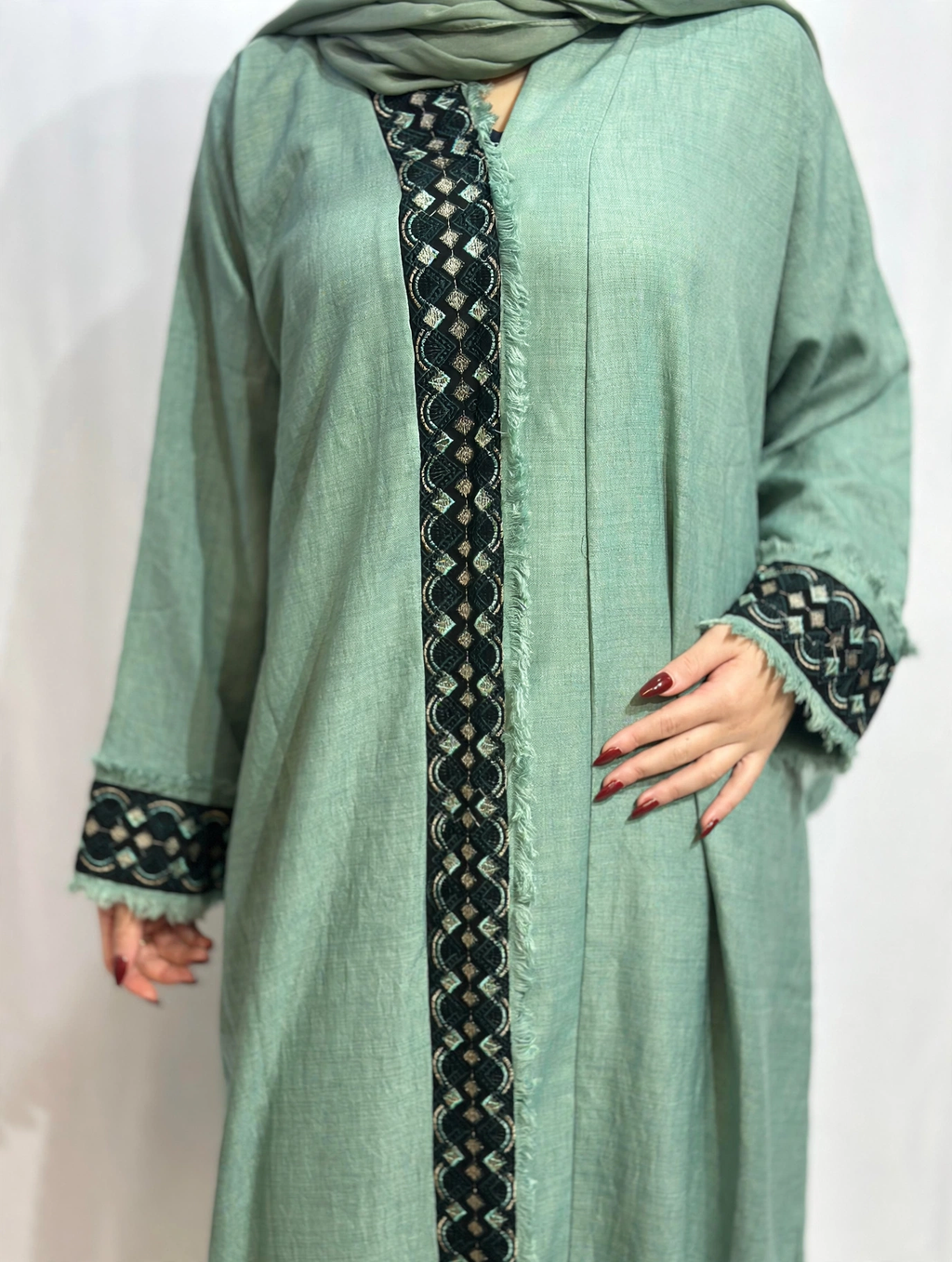 Naseem Al Bahar Geometric Trim Open Abaya