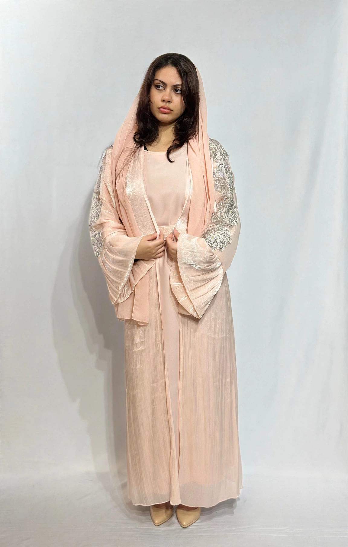 Qamar Al Ward Crystal-Embellished Bell Sleeve Abaya