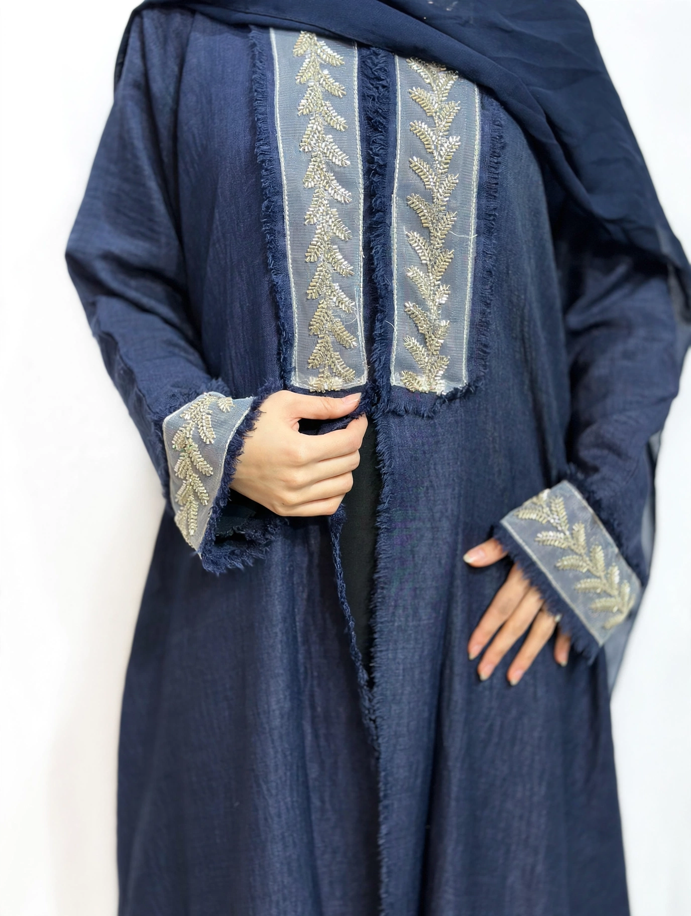 Fringe-Trim Embroidered Abaya