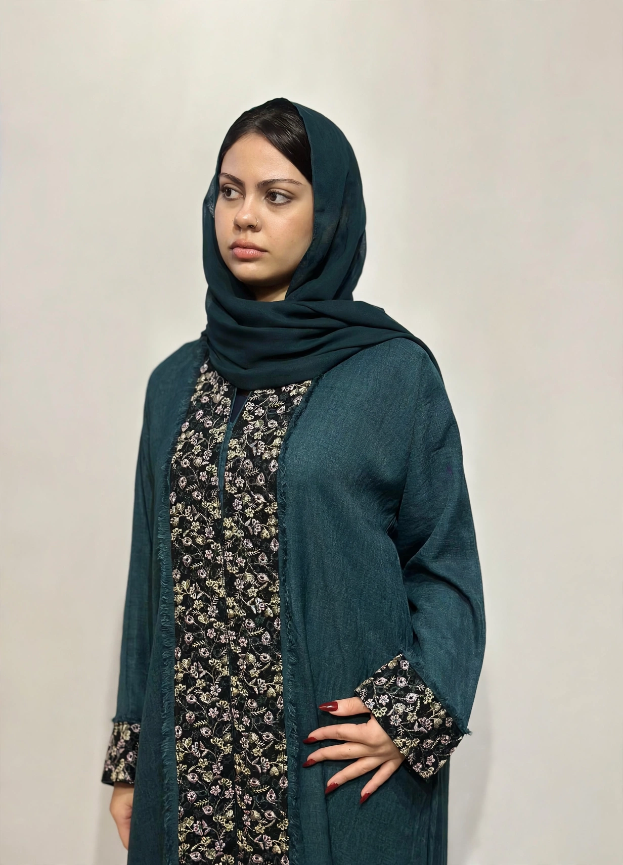Floral Panel Fringe Open Abaya