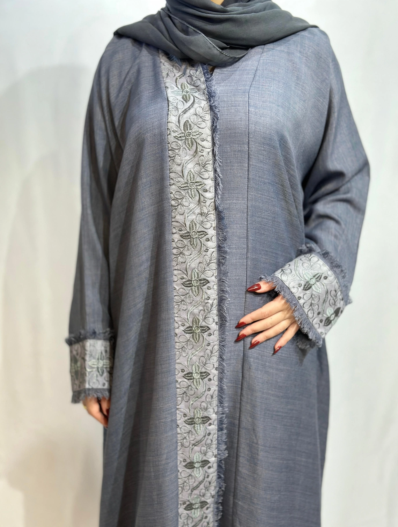 Naseem Al Bahar Geometric Trim Open Abaya
