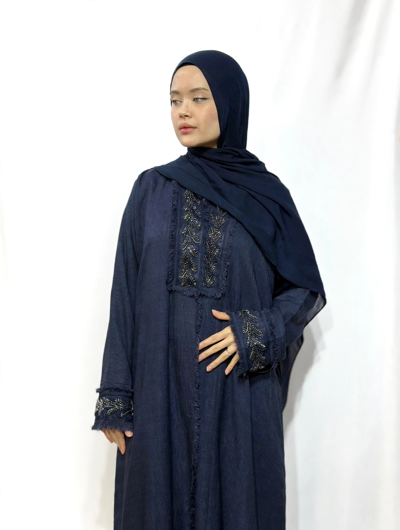 Fringe-Trim Embroidered Abaya