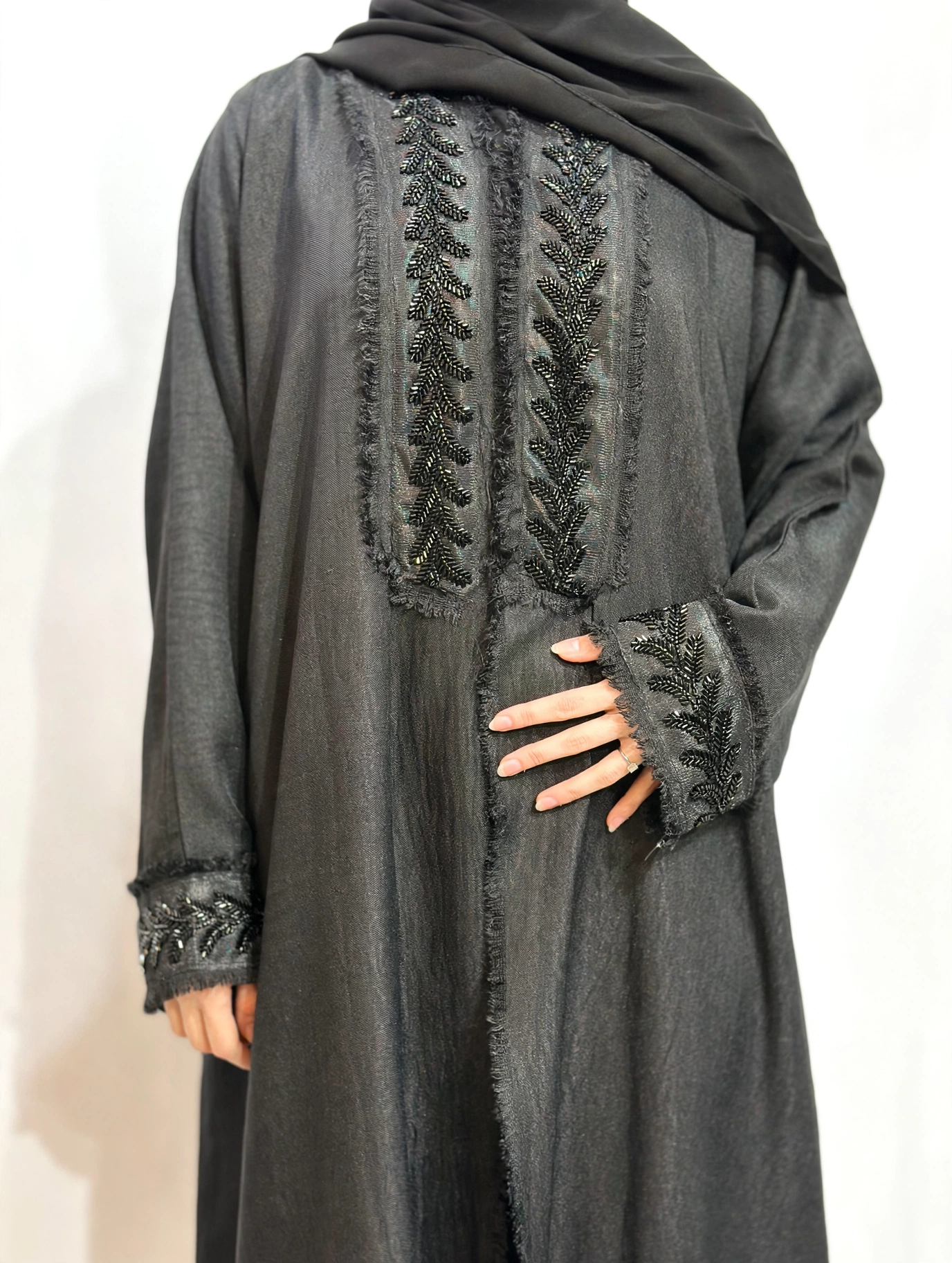 Fringe-Trim Embroidered Abaya