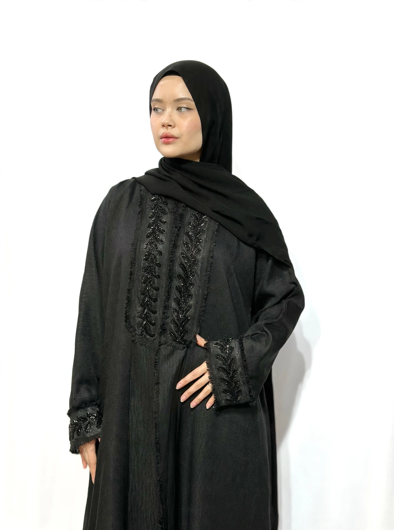Fringe-Trim Embroidered Abaya