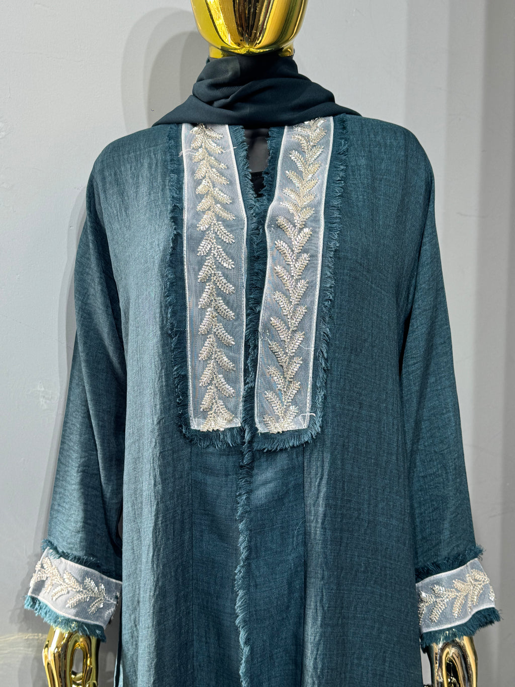 Fringe-Trim Embroidered Abaya