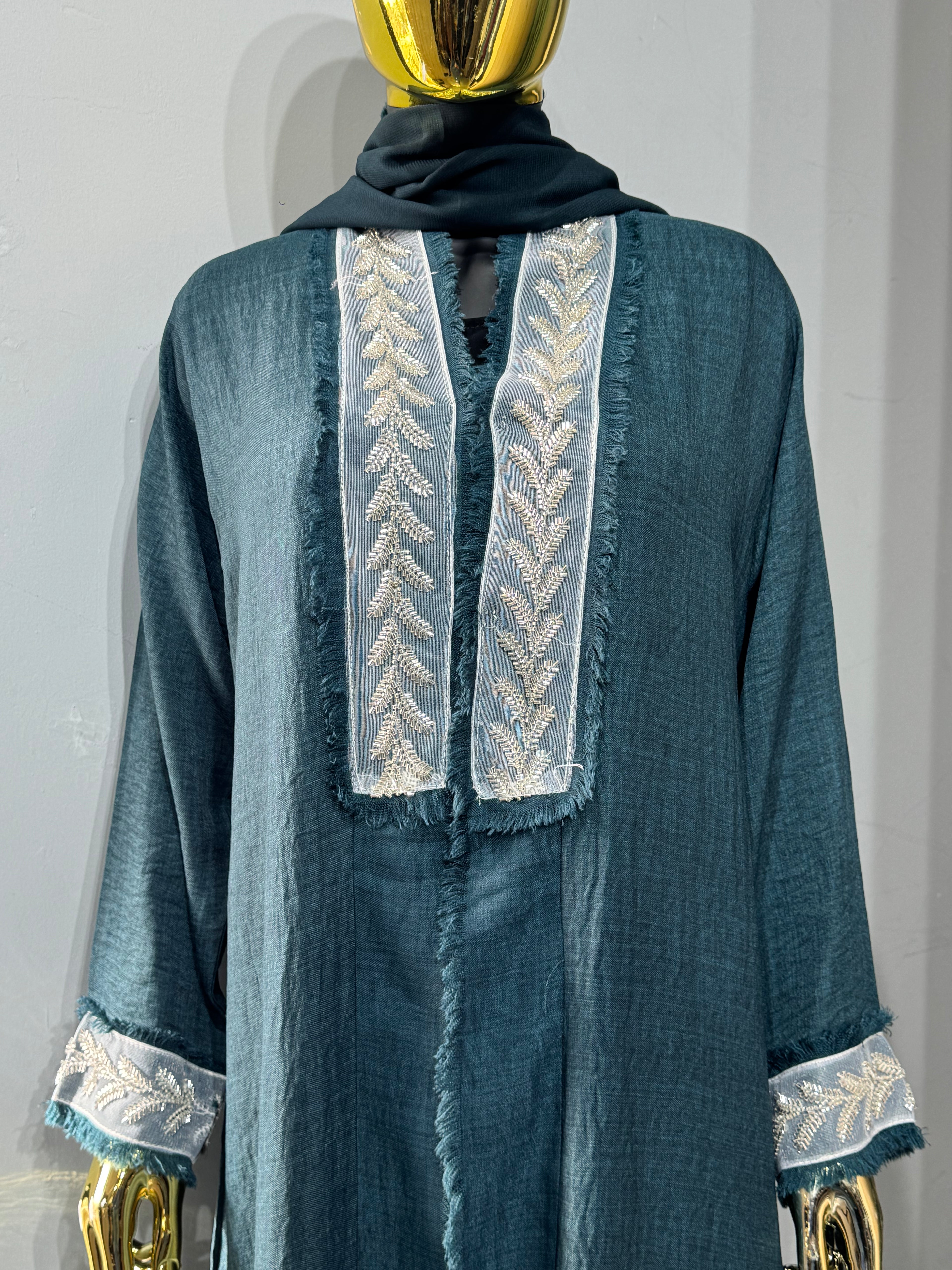 Fringe-Trim Embroidered Abaya
