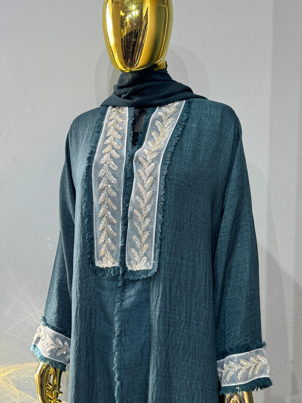Fringe-Trim Embroidered Abaya