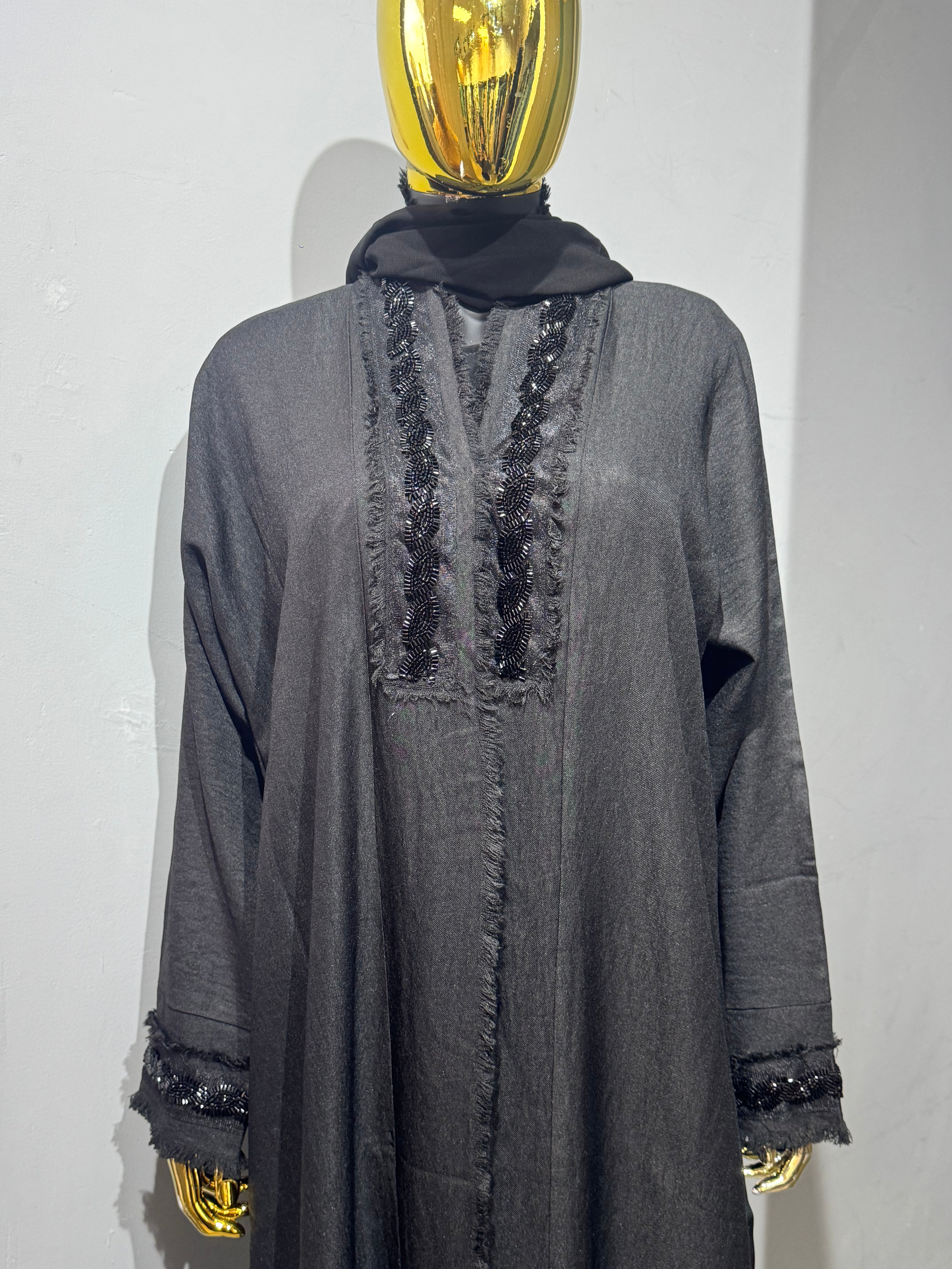 Fringe-Trim Embroidered Abaya