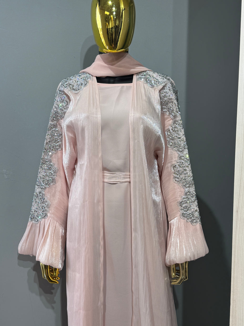Qamar Al Ward Crystal-Embellished Bell Sleeve Abaya