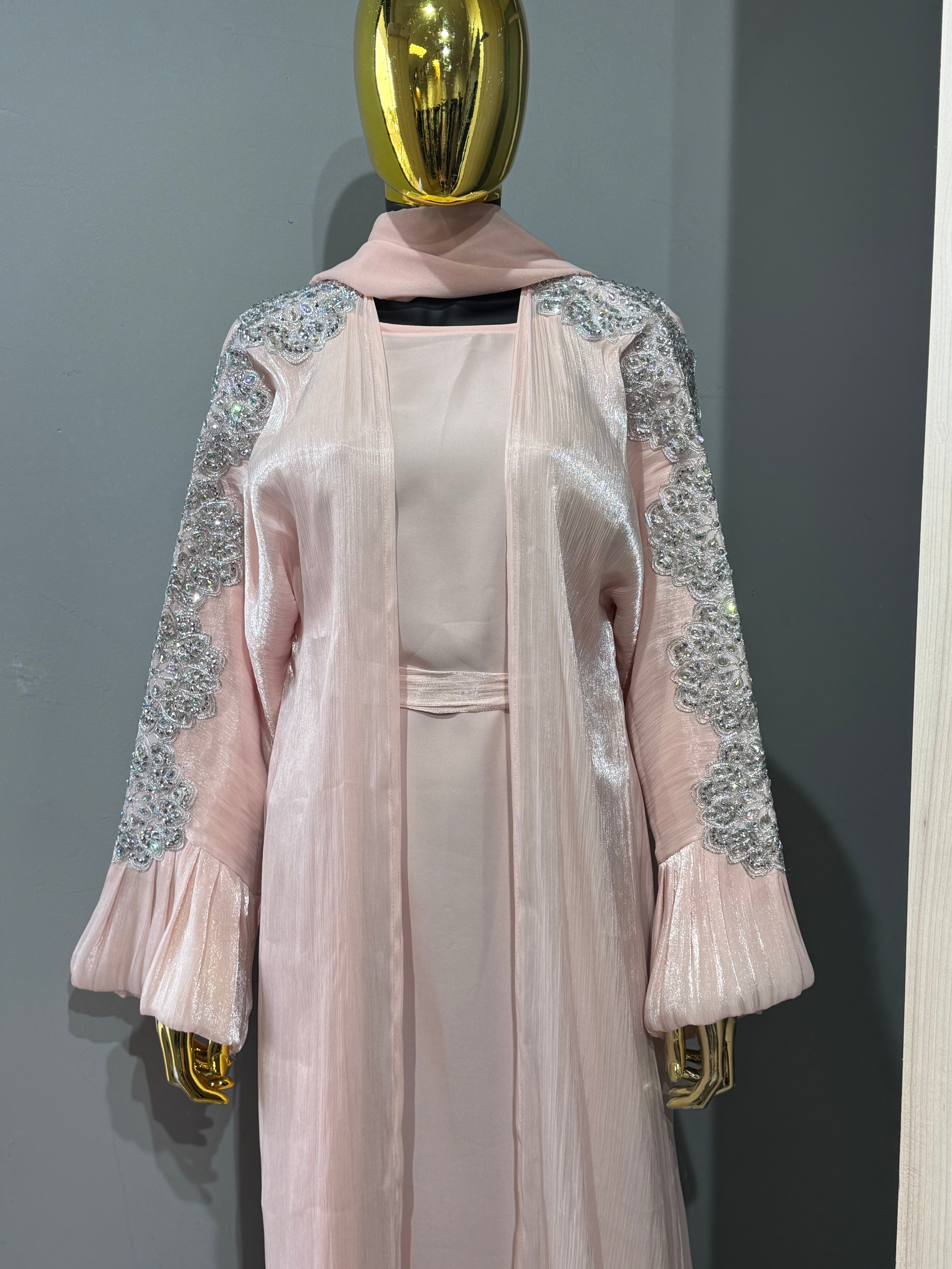 Qamar Al Ward Crystal-Embellished Bell Sleeve Abaya
