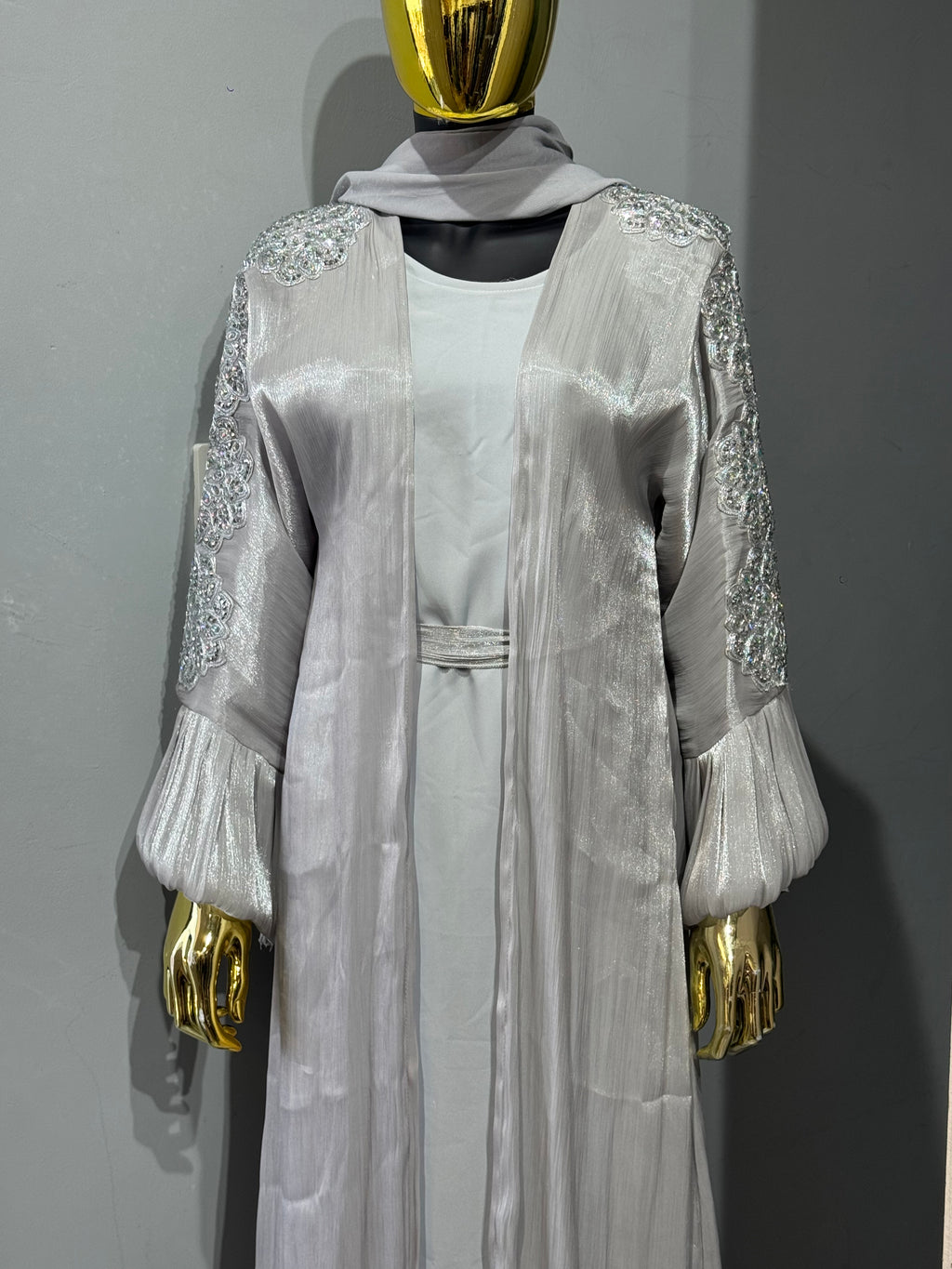 Qamar Al Ward Crystal-Embellished Bell Sleeve Abaya