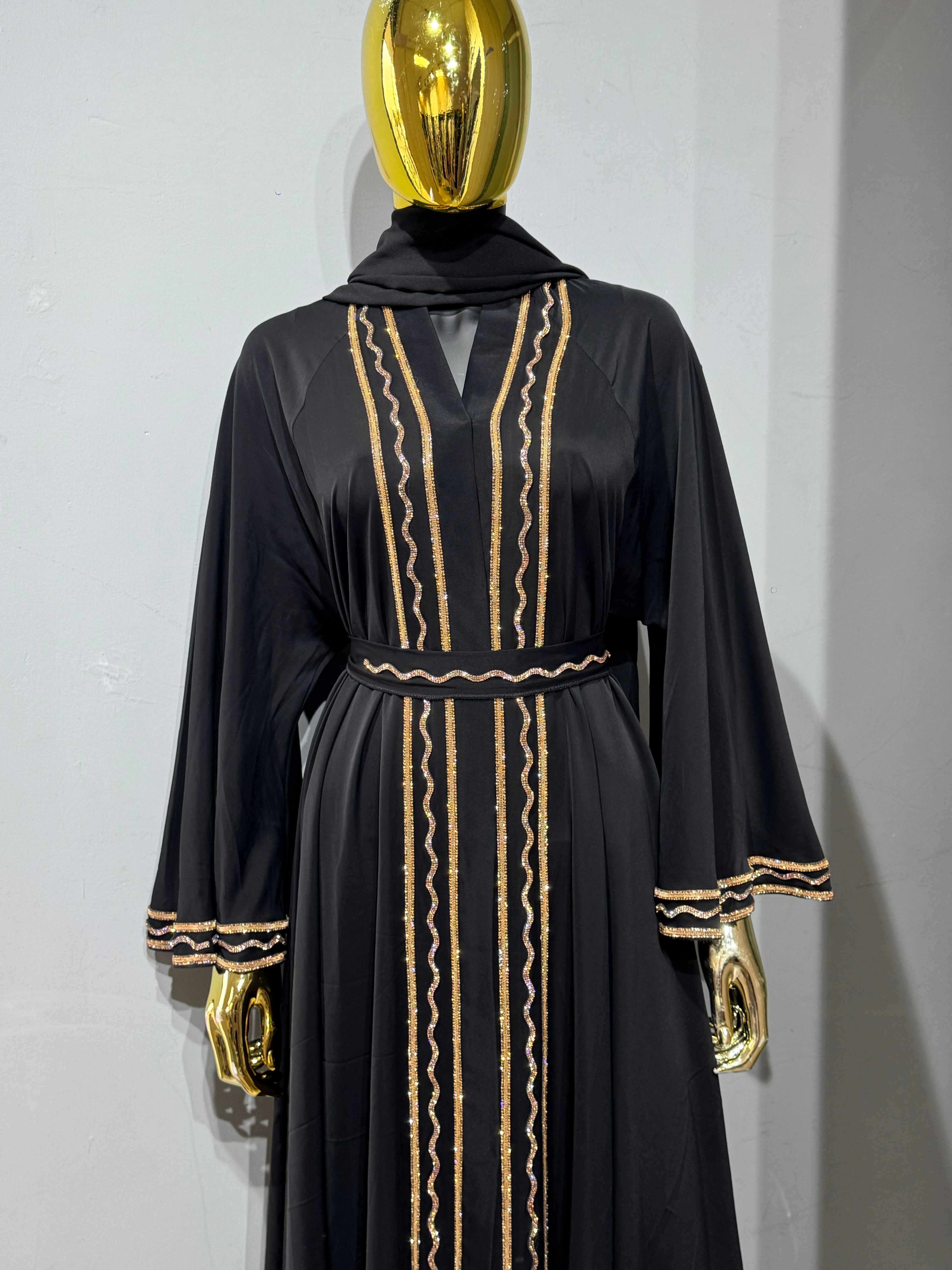Malika Al Asal Rope-Trim Belted Abaya