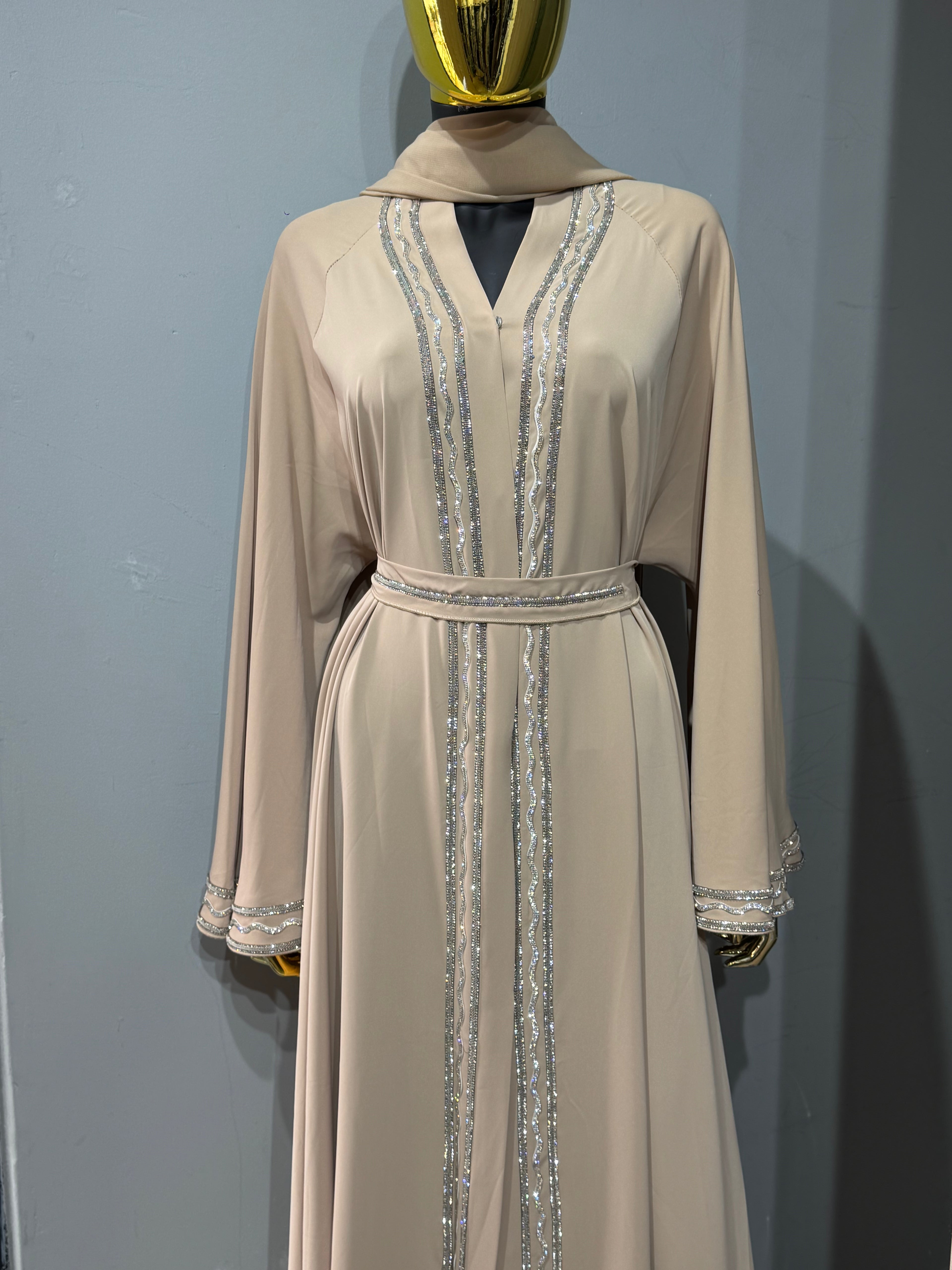 Malika Al Asal Rope-Trim Belted Abaya