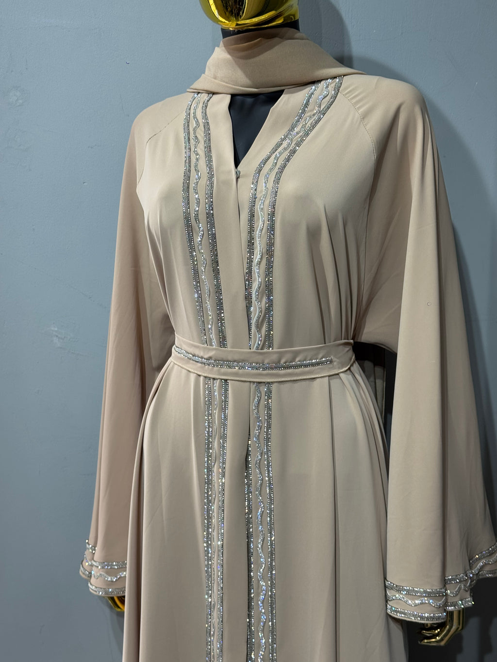 Malika Al Asal Rope-Trim Belted Abaya