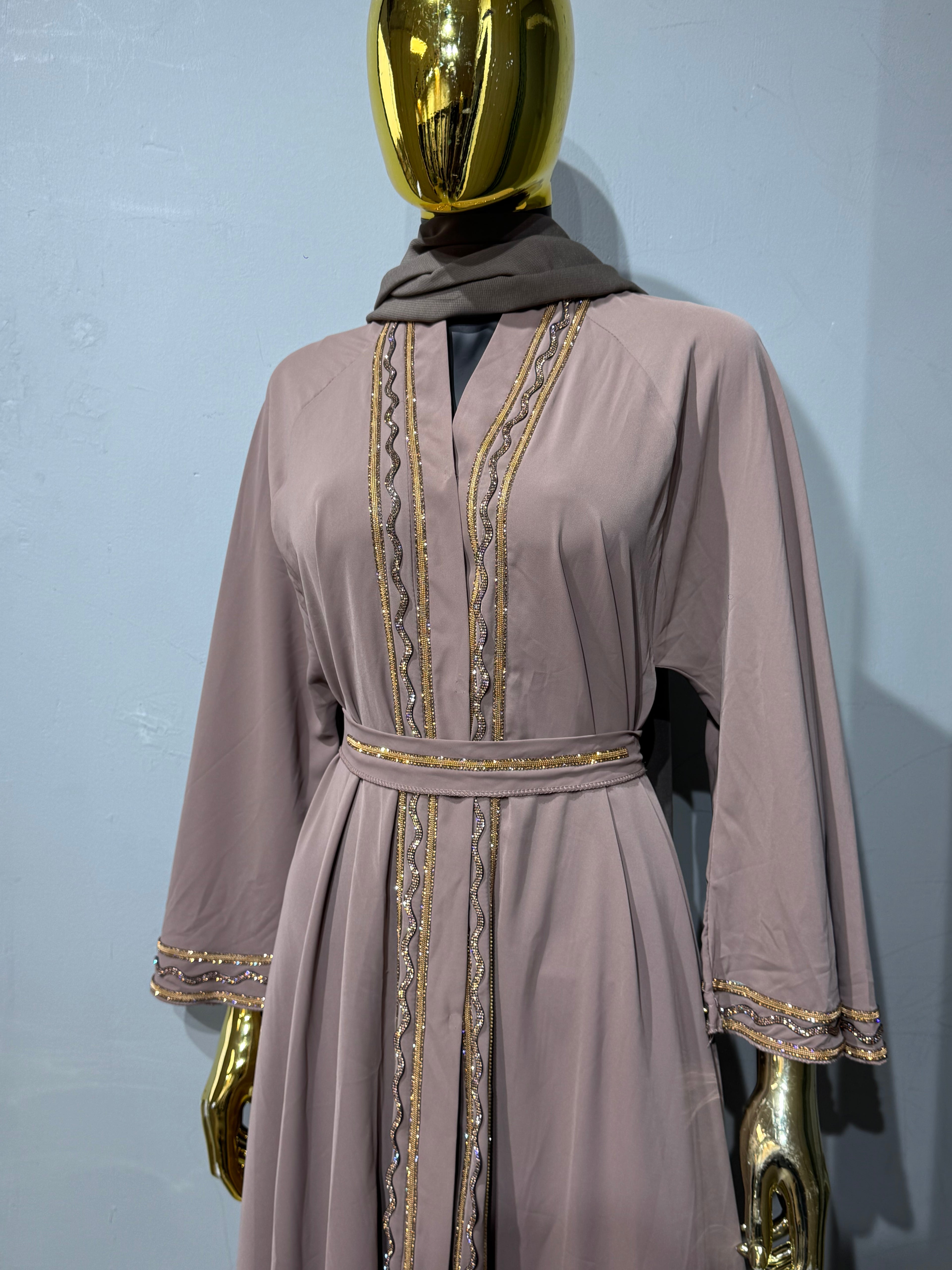 Malika Al Asal Rope-Trim Belted Abaya