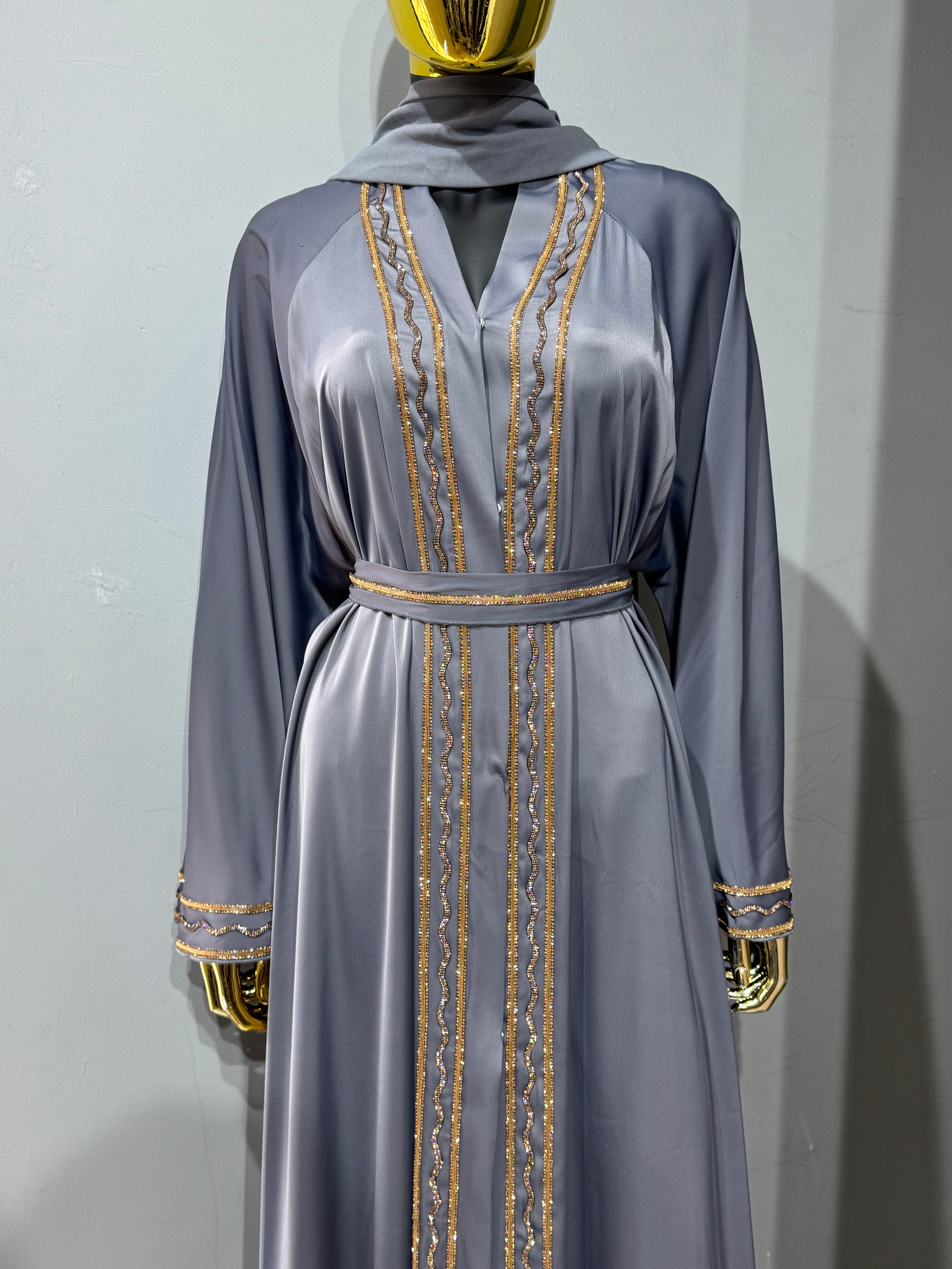 Malika Al Asal Rope-Trim Belted Abaya