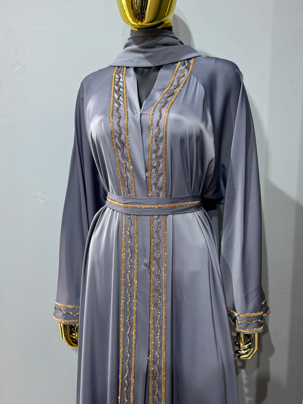 Malika Al Asal Rope-Trim Belted Abaya