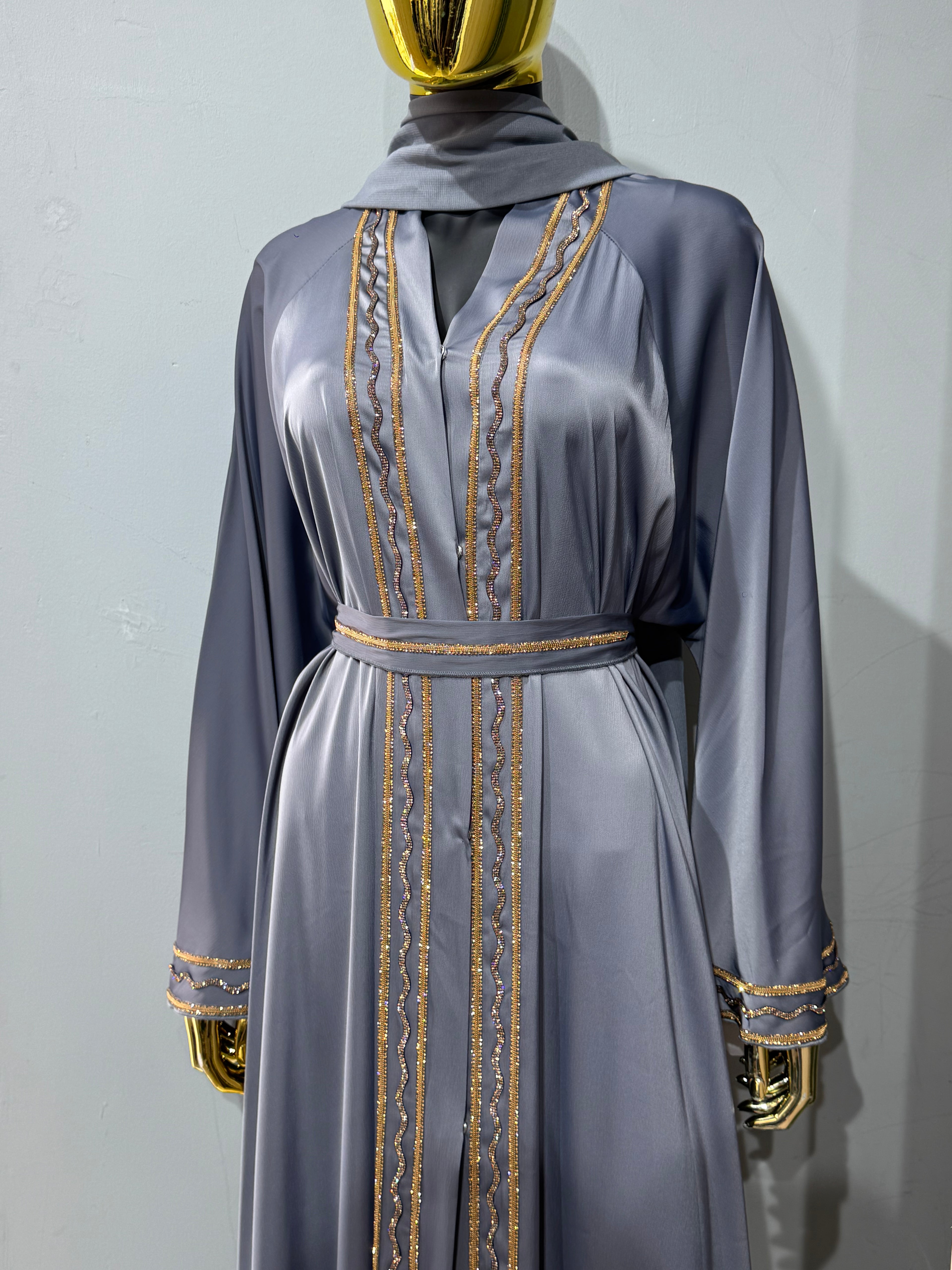 Malika Al Asal Rope-Trim Belted Abaya