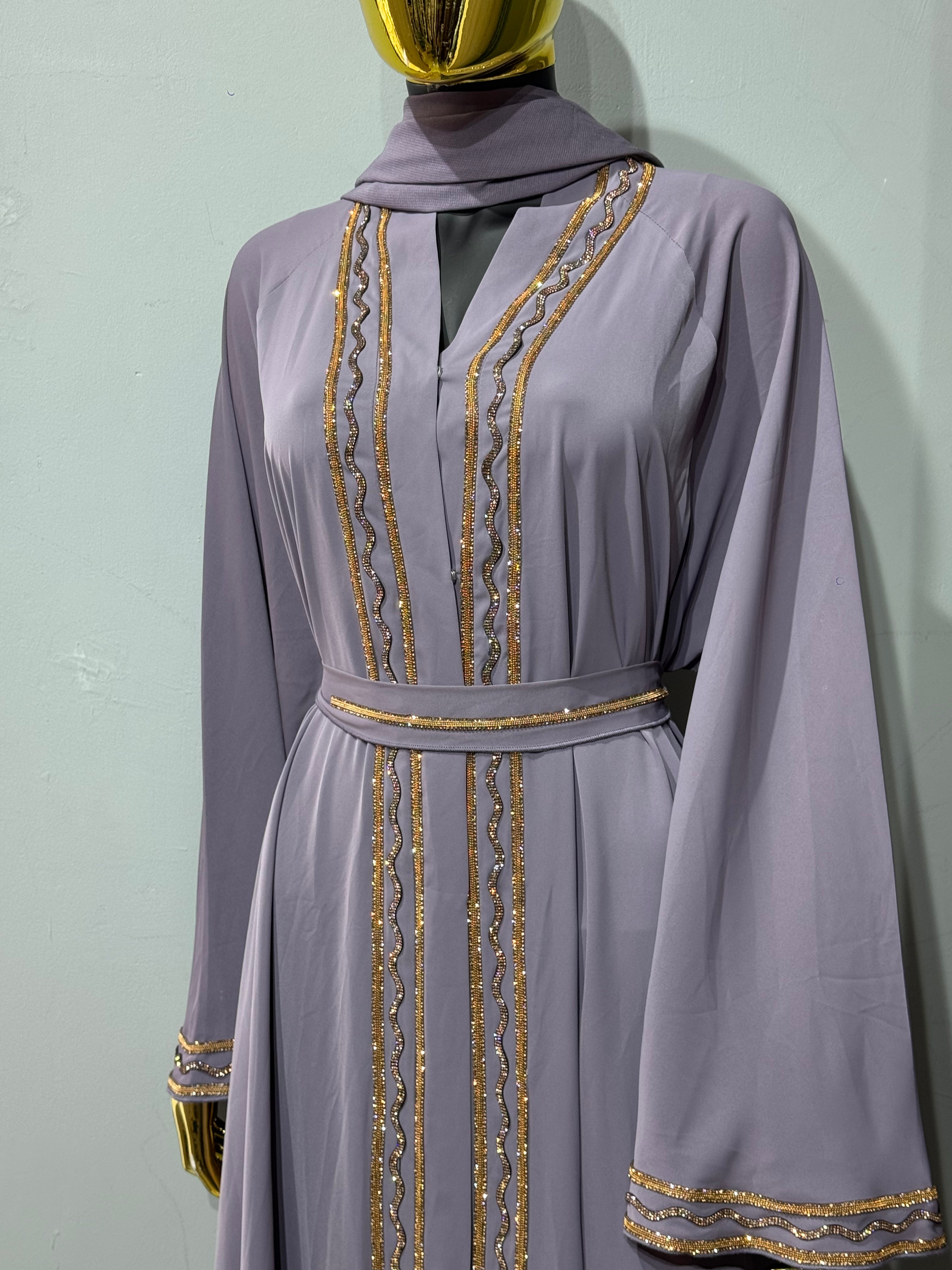 Malika Al Asal Rope-Trim Belted Abaya