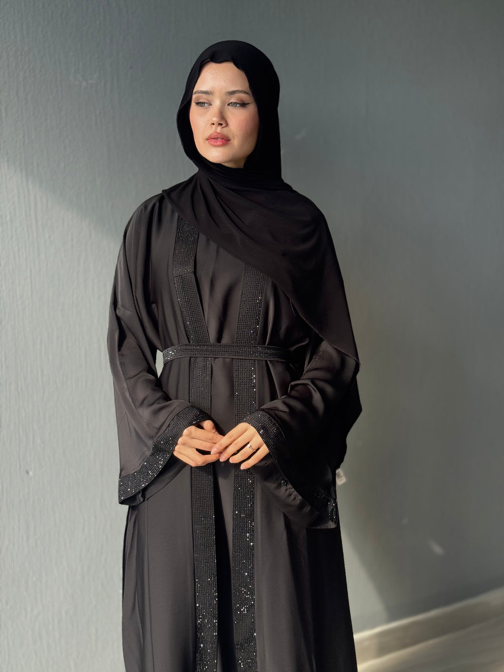 Duha Al Fajr Crystal-Embellished Belted Abaya