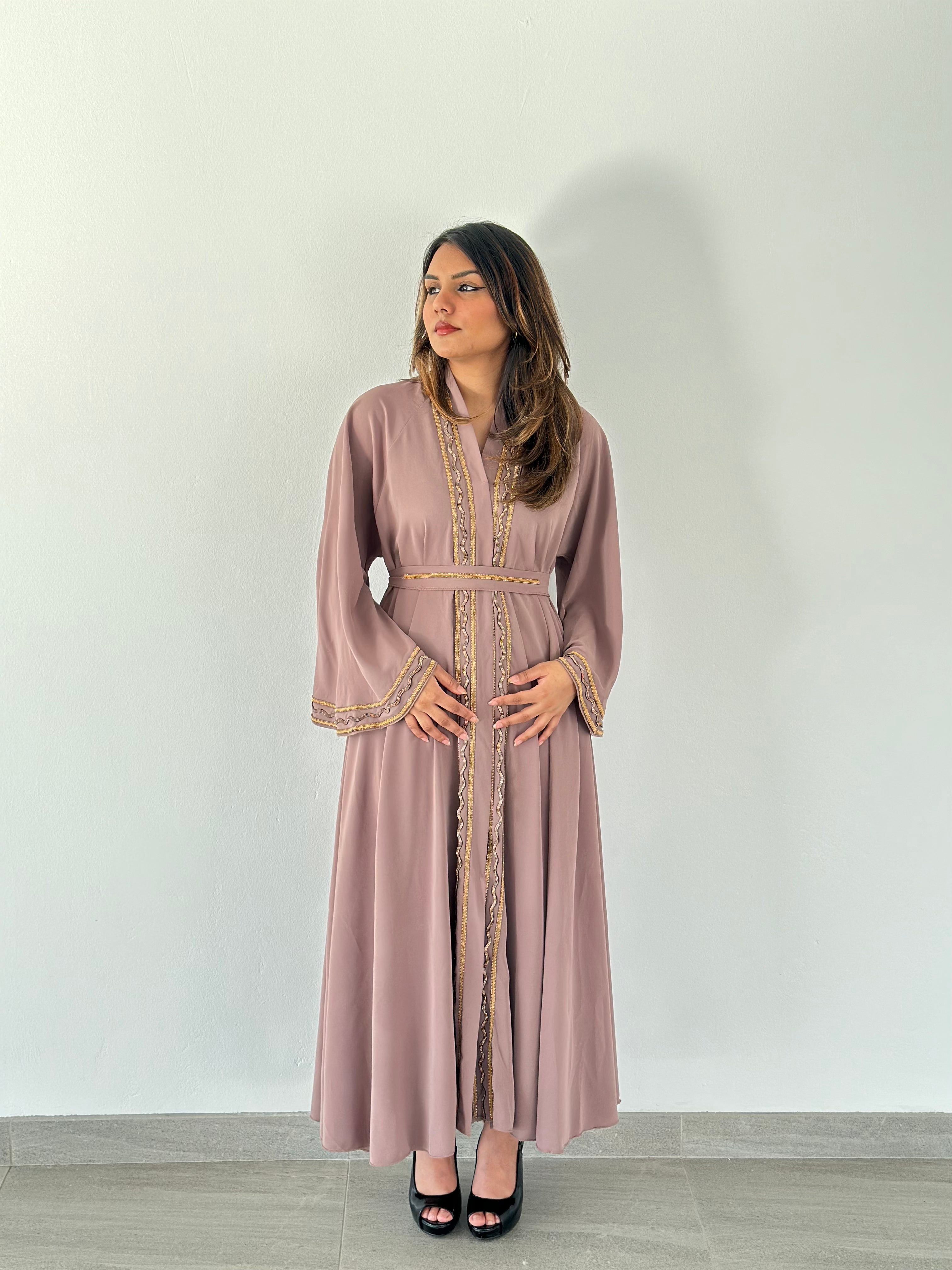 Malika Al Asal Rope-Trim Belted Abaya