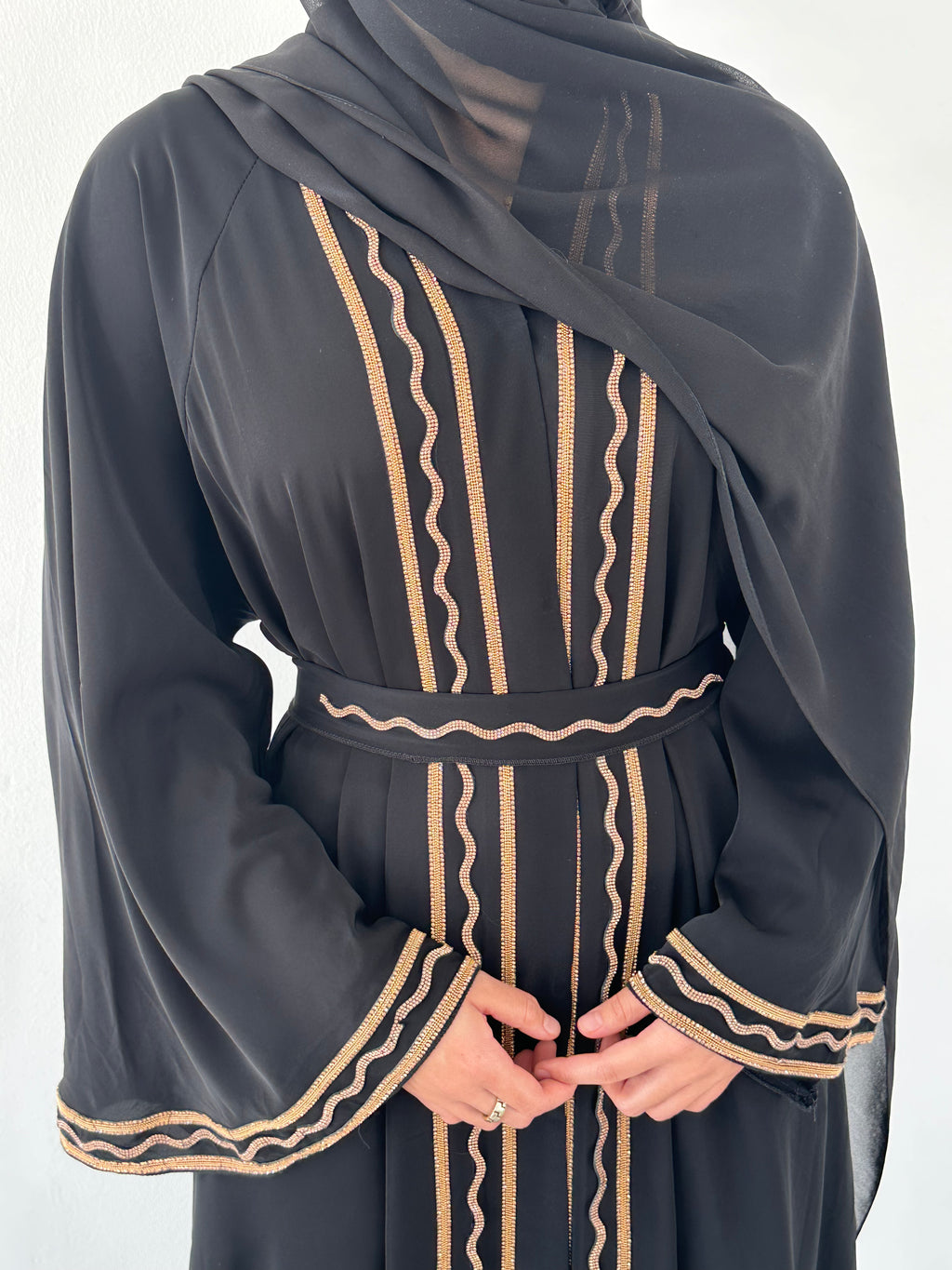 Malika Al Asal Rope-Trim Belted Abaya