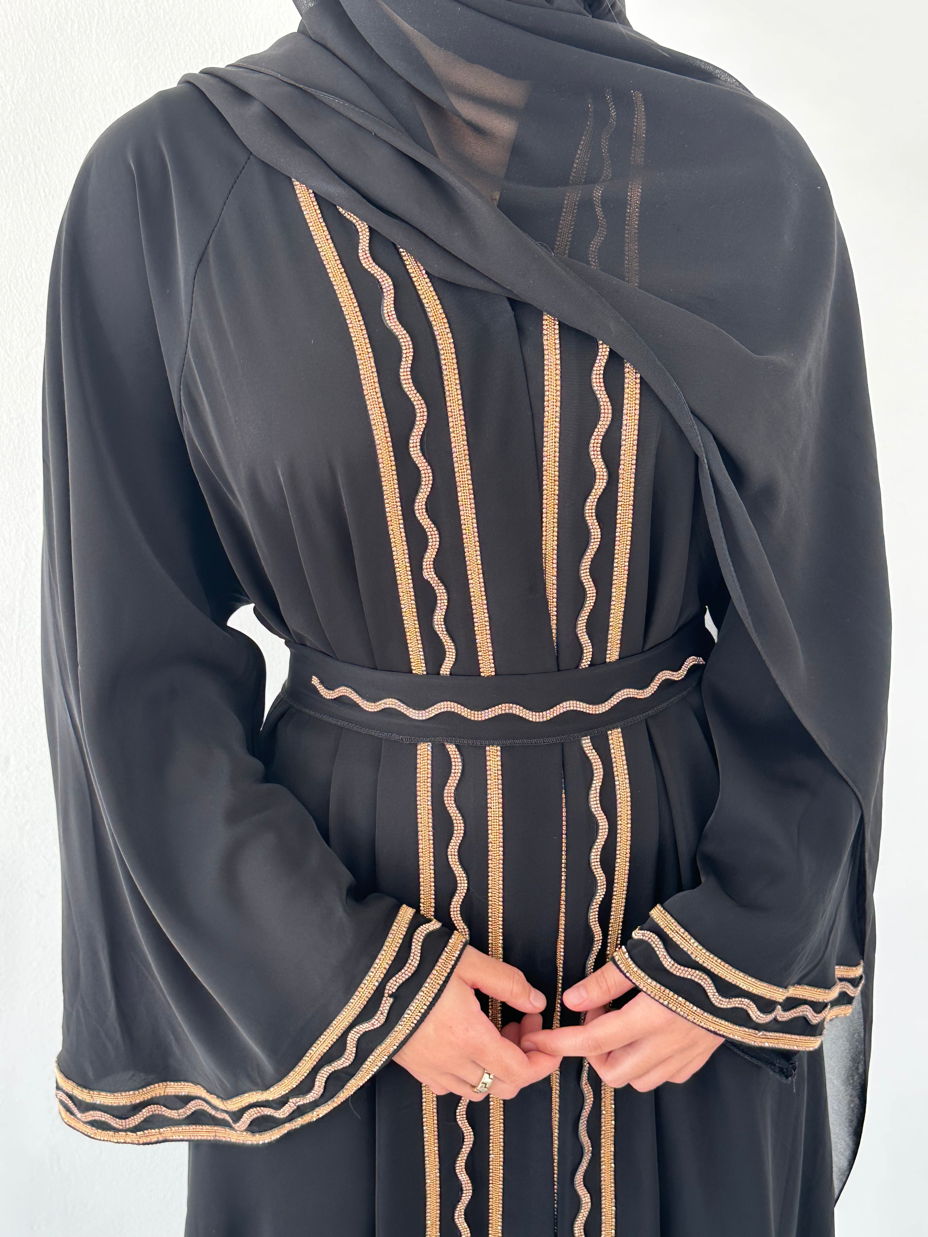 Malika Al Asal Rope-Trim Belted Abaya