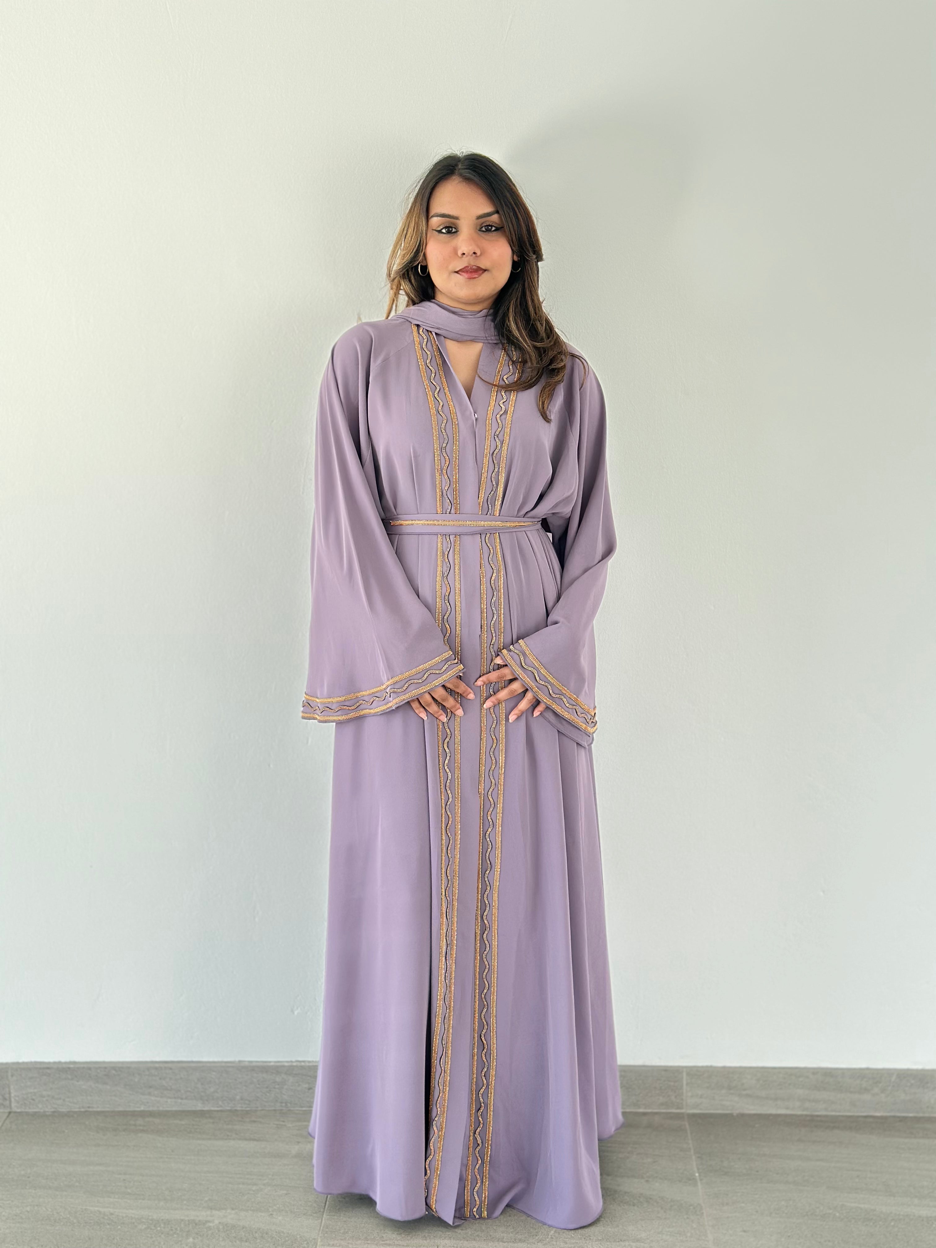 Malika Al Asal Rope-Trim Belted Abaya