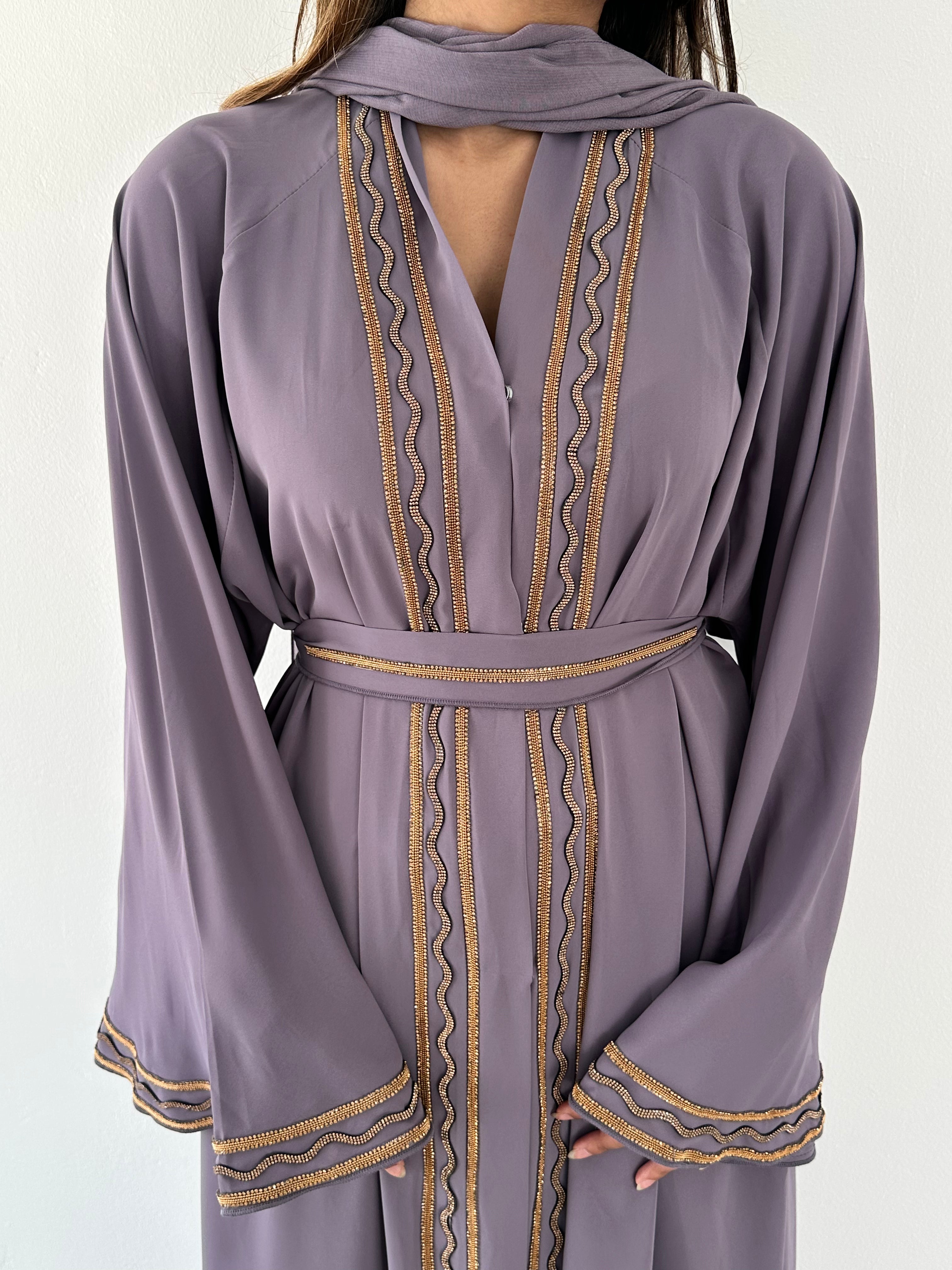 Malika Al Asal Rope-Trim Belted Abaya