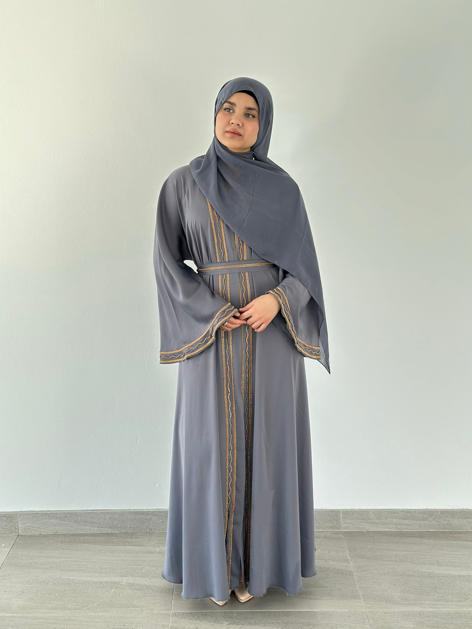 Malika Al Asal Rope-Trim Belted Abaya