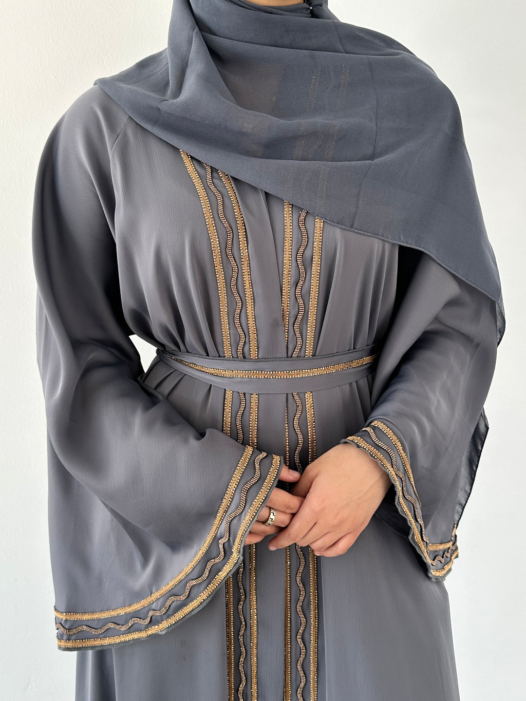Malika Al Asal Rope-Trim Belted Abaya