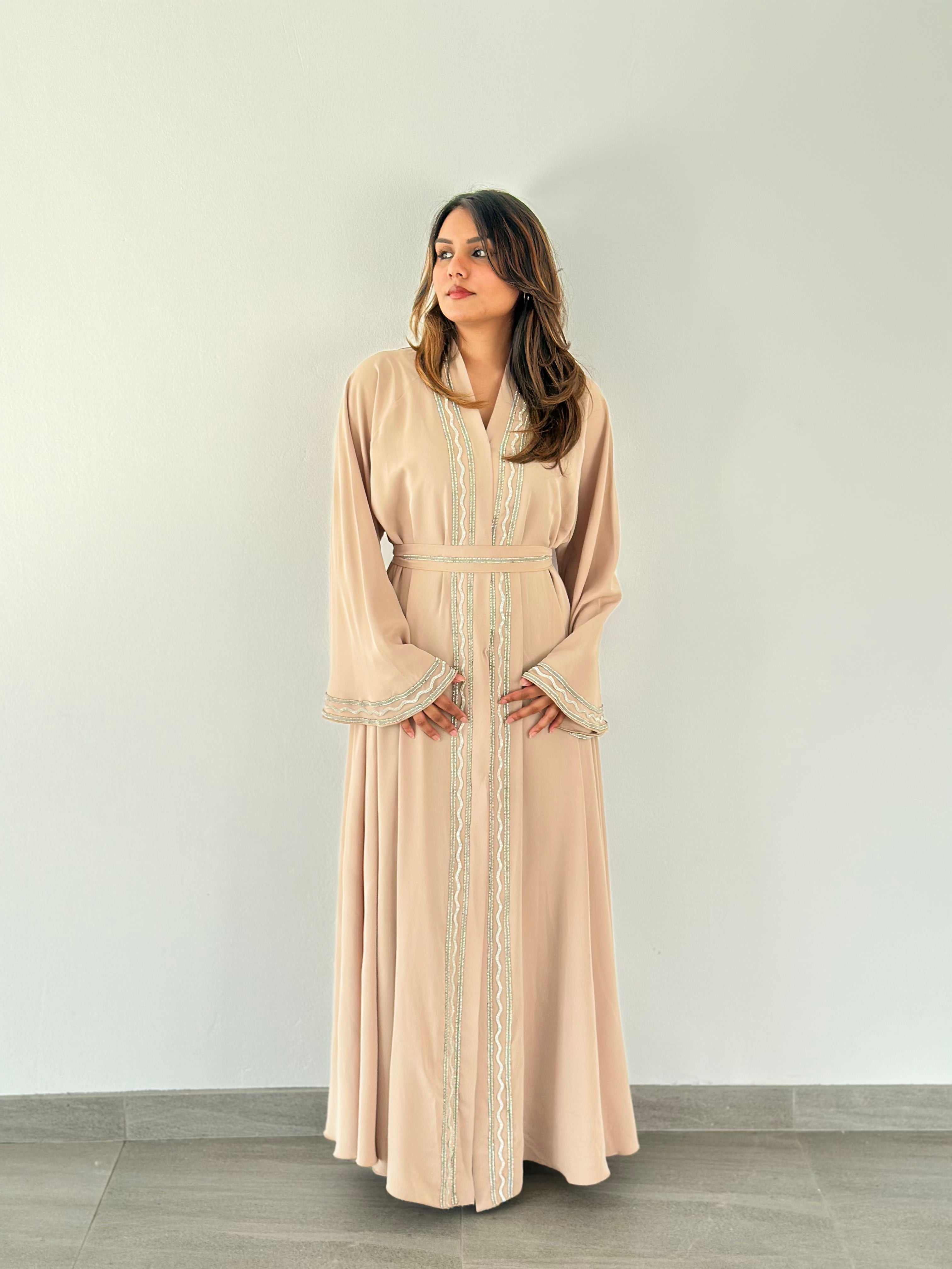 Malika Al Asal Rope-Trim Belted Abaya