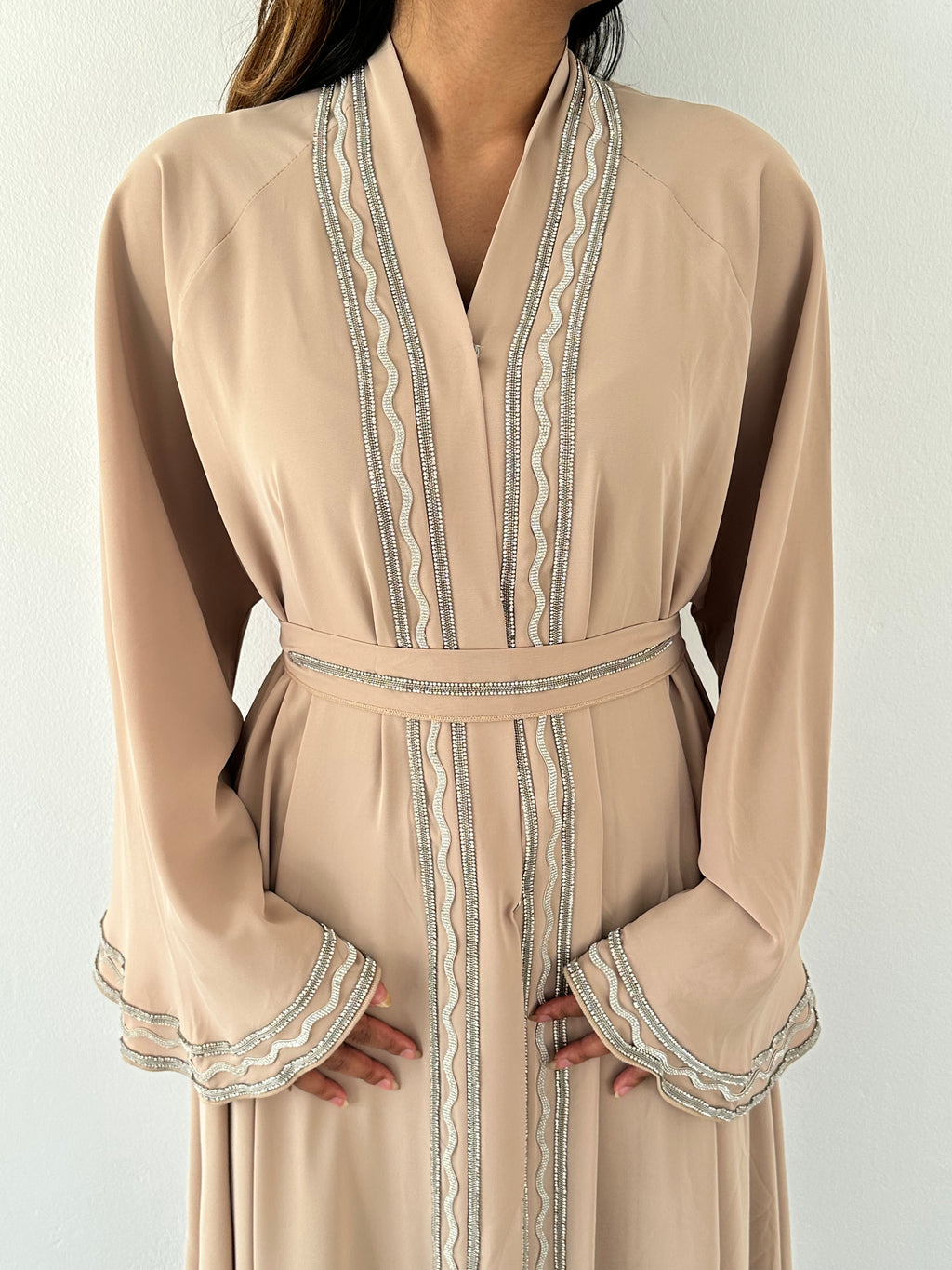Malika Al Asal Rope-Trim Belted Abaya