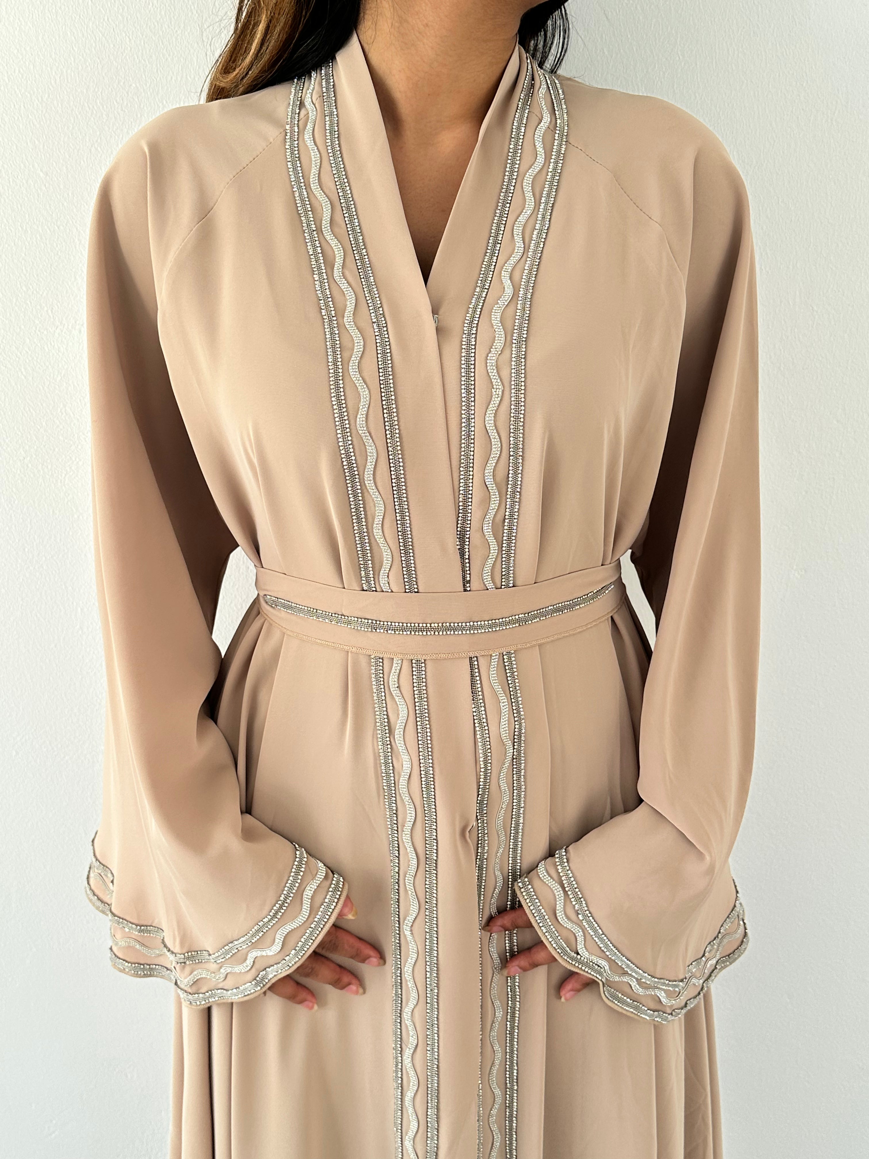 Malika Al Asal Rope-Trim Belted Abaya