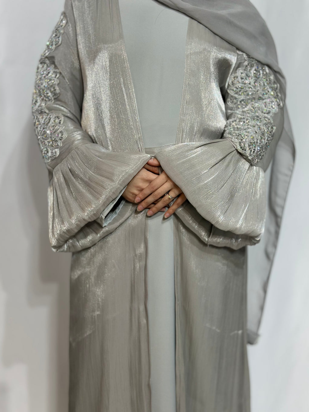 Qamar Al Ward Crystal-Embellished Bell Sleeve Abaya
