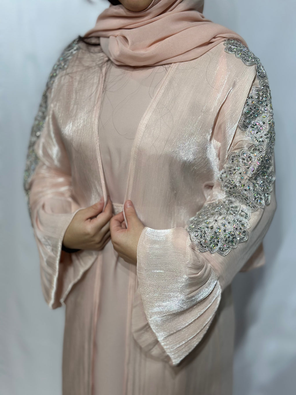 Qamar Al Ward Crystal-Embellished Bell Sleeve Abaya